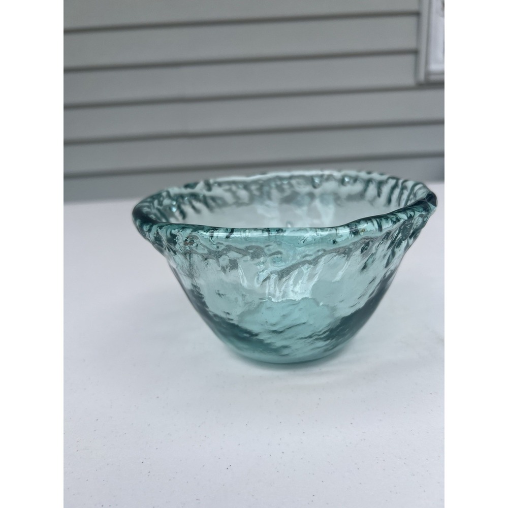 Hand Blown Recycled Glass Bowl Aqua Blue Green Bubble Artisan 6" Handmade - Picture 11 of 14